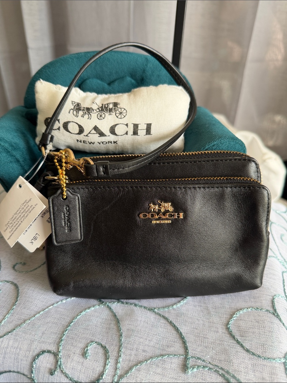 Coach Black Leather Double Zip Wristlet with Gold Hardware